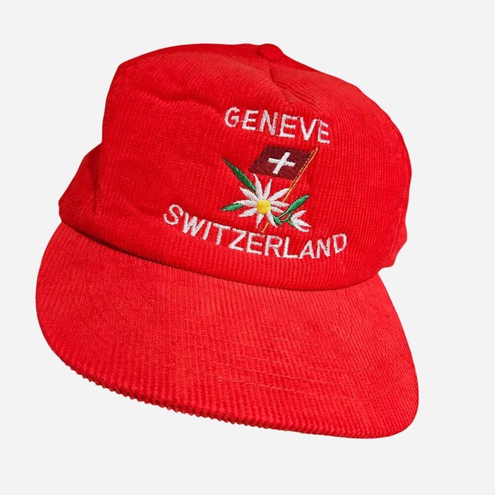 vintage granola skater red corduroy Switzerland hat